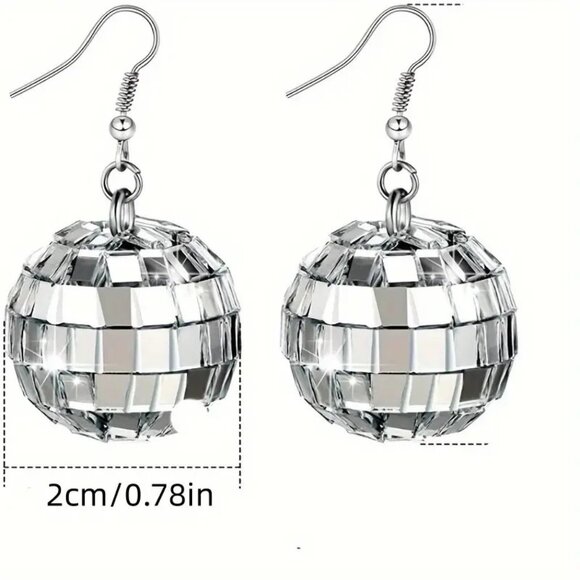 Earrings Disco Ball Dangle Mirror Party Retro Sparkle Dance Rave Y2K Silver Glam - Picture 3 of 3